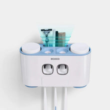 Laden Sie das Bild in den Galerie-Viewer, Ecoco wall-mounted toothbrush holder and storage organizer with dual toothpaste dispensers, featuring top storage compartments for razors, combs, or other bathroom essentials. This multi-functional design offers a clutter-free solution to keep your daily hygiene items neatly stored and easily accessible, adding modern efficiency to any bathroom setup.