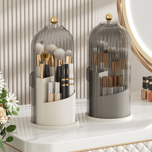 Laden Sie das Bild in den Galerie-Viewer, Elegant MessFree® makeup brush organizer with dome cover, featuring gold accents and divided compartments for brushes and cosmetics storage on vanity table