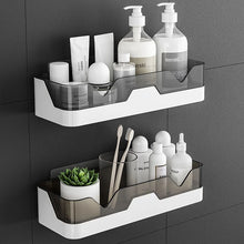 Laden Sie das Bild in den Galerie-Viewer, Two black adhesive bathroom shelves with toiletries