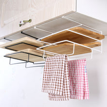 Laden Sie das Bild in den Galerie-Viewer, Under-cabinet kitchen rack holding multiple wooden cutting boards, with two checkered dish towels hanging from the rack in the front.