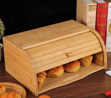Load image into Gallery viewer, Bamboo bread box with bread on a dark counter