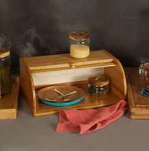 Load image into Gallery viewer, Open bamboo bread box with jars