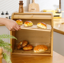 Load image into Gallery viewer, Opening the roll-top bamboo bread box