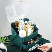 Laden Sie das Bild in den Galerie-Viewer, Green makeup organizer with open drawer and lid