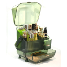 Laden Sie das Bild in den Galerie-Viewer, Dark green Nordic makeup vanity box with lid and drawer open