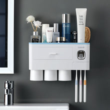 Laden Sie das Bild in den Galerie-Viewer, Blue wall-mounted toothbrush holder with 3 cups and toothpaste dispenser