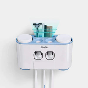 Ecoco wall-mounted toothbrush holder and storage organizer with dual toothpaste dispensers, featuring top storage compartments for razors, combs, or other bathroom essentials. This multi-functional design offers a clutter-free solution to keep your daily hygiene items neatly stored and easily accessible, adding modern efficiency to any bathroom setup.