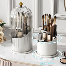 Load image into Gallery viewer, MessFree® 360-degree rotating makeup brush holder with clear ribbed dome cover, gold knob, and multiple brush compartments, elegantly displayed on a vanity with a luxury aesthetic
