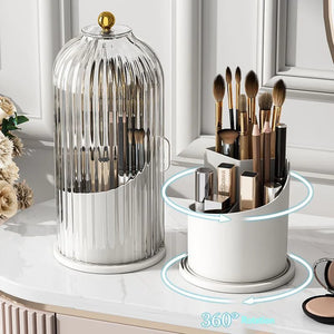 MessFree® 360-degree rotating makeup brush holder with clear ribbed dome cover, gold knob, and multiple brush compartments, elegantly displayed on a vanity with a luxury aesthetic