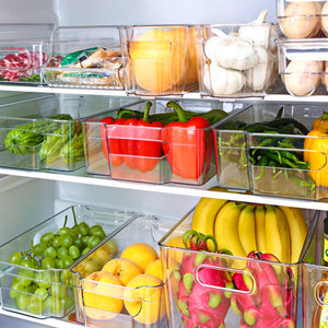 Stackable fridge organizer bins for kitchen storage