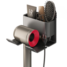 Laden Sie das Bild in den Galerie-Viewer, Grey aluminium wall hair dryer stand with dryer and brushes
