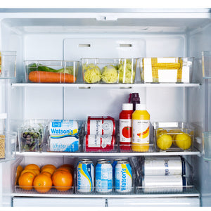 Stackable fridge organizer bins for kitchen storage