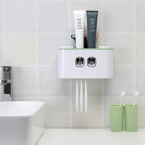 Wall-mounted Ecoco toothbrush holder and dual toothpaste dispenser with a sleek, minimalist design, featuring top storage space for toiletries and a neat setup for hanging toothbrushes. Ideal for organized, clutter-free bathroom spaces, adding both functionality and a modern touch to your daily routine.