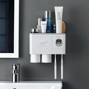 Wall-mounted toothbrush holder with toothpaste dispenser and storage