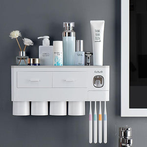 Wall-mounted toothbrush holder with toothpaste dispenser and storage