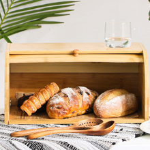 Load image into Gallery viewer, Open bamboo bread box with loaves
