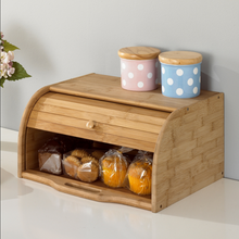Load image into Gallery viewer, Bamboo roll-top bread box with canisters on top
