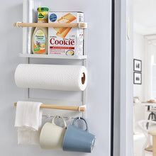 Load image into Gallery viewer, White magnetic fridge rack with paper towel and mugs
