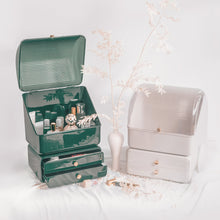 Load image into Gallery viewer, Green and white makeup vanity boxes with lids open
