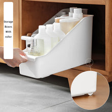 Load image into Gallery viewer, Rolling bin with bottles and wheel detail
