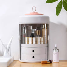 Load image into Gallery viewer, Grey lid rotating makeup organizer with skincare
