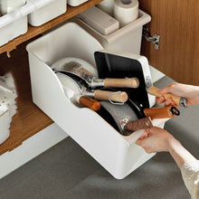 Load image into Gallery viewer, Rolling organizer bin with pans in a cabinet
